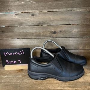Womens‎ Merrell Topo Moc Pro Black Leather Comfort Shoes Clogs Size 7 M GUC